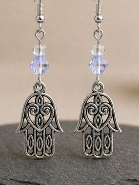 Handmade Hamsa Earrings with Blue Crystal